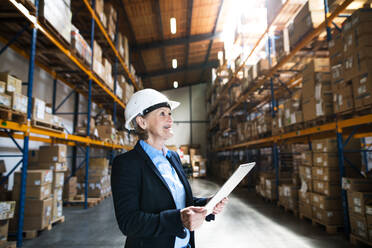 An attractive senior woman warehouse manager or supervisor working with tablet. - HPIF19963