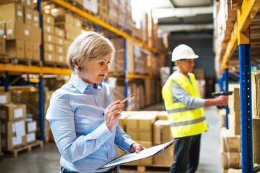 Senior woman manager and a man worker working together in a warehouse. - HPIF19970