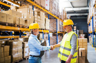 Senior woman manager and a man worker working together in a warehouse, shaking hands. - HPIF19979