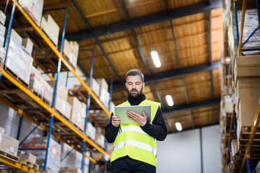 Young male warehouse worker with tablet, checking something. - HPIF19992