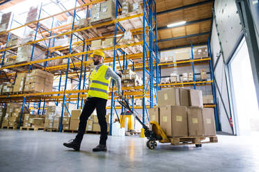 Young male warehouse worker pulling a pallet truck with boxes. - HPIF20010