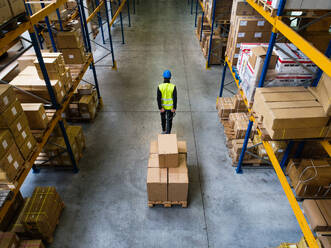 Young male warehouse worker pulling a pallet truck with boxes. Rear and high angle view. - HPIF20033