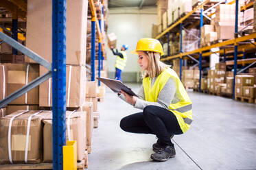 Young woman worker or supervisor with clipboard. Warehouse workers controlling stock. - HPIF20040