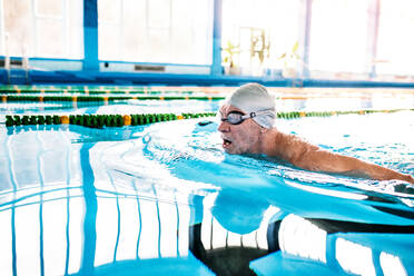 Älterer Mann beim Schwimmen in einem Hallenbad, aktiver Rentner beim Sport. - HPIF20174