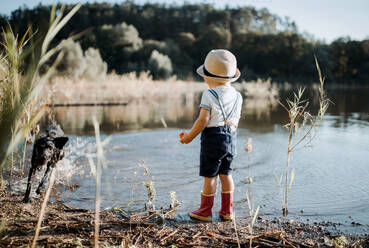 Rückansicht eines kleinen Jungen mit Hut und Hund, der an einem See steht; Raum kopieren. - HPIF20192