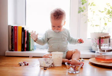 Ein kleines, unordentliches Kleinkind sitzt zu Hause auf dem Küchentisch und isst Obst und Joghurt. - HPIF20238