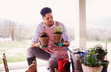 Ein Porträt eines jungen, fröhlichen Mannes, der zu Hause Blumen pflanzt. - HPIF20241