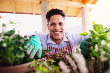 Ein Porträt eines jungen, fröhlichen Mannes, der zu Hause Blumen pflanzt. - HPIF20243