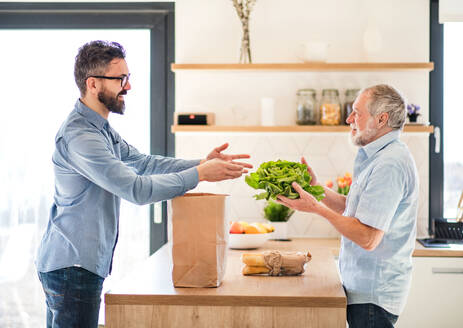 Ein fröhlicher erwachsener Hipster-Sohn und ein älterer Vater in der Küche zu Hause beim Auspacken der Einkäufe. - HPIF20253