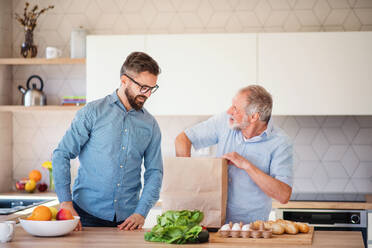 Ein fröhlicher erwachsener Hipster-Sohn und ein älterer Vater in der Küche zu Hause beim Auspacken der Einkäufe. - HPIF20263