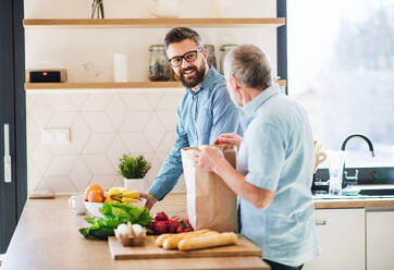 A cheerful adult hipster son and senior father indoors in kitchen at home, unpacking shopping. - HPIF20265