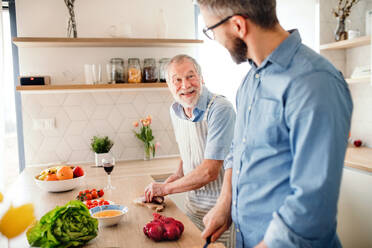 Ein erwachsener Hipster-Sohn und ein älterer Vater in der Küche zu Hause beim Kochen. - HPIF20280