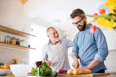 An adult hipster son and senior father indoors in kitchen at home, cooking. - HPIF20282