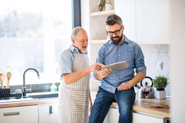 A portrait of adult hipster son and senior father indoors in kitchen at home, using tablet. - HPIF20288