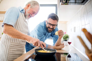 An adult hipster son and senior father indoors in kitchen at home, cooking. - HPIF20292