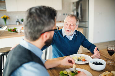 An adult hipster son and senior father sitting at the table indoors at home, eating light lunch. - HPIF20303