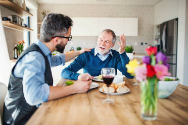 An adult hipster son and senior father sitting at the table indoors at home, eating light lunch. - HPIF20304