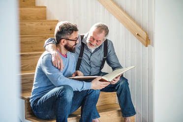 An adult hipster son and senior father sitting on stairs indoors at home, looking at photographs. - HPIF20365