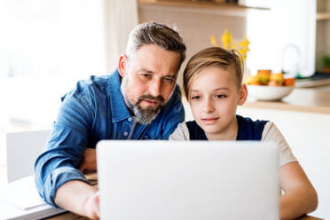 Ein reifer Vater mit seinem kleinen Sohn sitzt am Tisch in einem Haus und benutzt einen Laptop. - HPIF20393