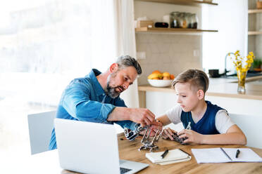 A mature father with small son sitting at table indoors, working on school project. - HPIF20395