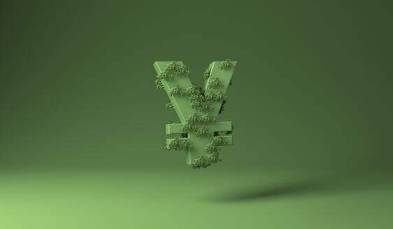 Yen oder Yuan Zeichen mit grünen Pflanzen vor grünem Hintergrund bedeckt - MSMF00058