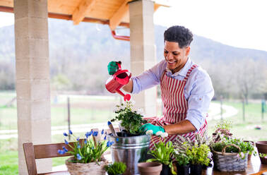 A portrait of young cheerful man gardener outdoors at home, planting and watering flowers. - HPIF20436