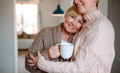 A senior woman with unrecognizable adult daughter at home, hugging. - HPIF20490