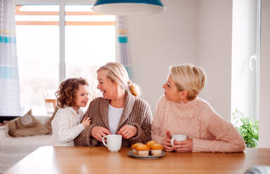 Ein Porträt eines glücklichen kleinen Mädchens mit Mutter und Großmutter, die zu Hause am Tisch sitzen und Muffins essen. - HPIF20491