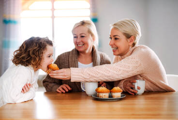 Ein Porträt eines glücklichen kleinen Mädchens mit Mutter und Großmutter, die zu Hause am Tisch sitzen und Muffins essen. - HPIF20492