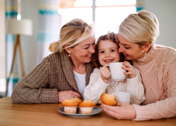 Ein Porträt eines glücklichen kleinen Mädchens mit Mutter und Großmutter, die zu Hause am Tisch sitzen und trinken. - HPIF20493