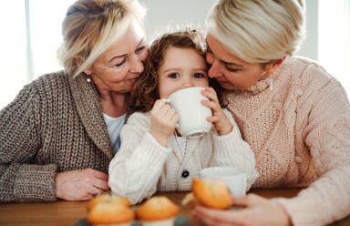 Ein Porträt eines glücklichen kleinen Mädchens mit Mutter und Großmutter, die zu Hause am Tisch sitzen und trinken. - HPIF20494