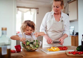 Porträt eines kleinen Mädchens mit Großmutter in einer Küche zu Hause, die einen Gemüsesalat zubereitet. - HPIF20543