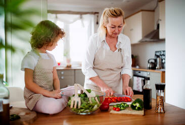 Porträt eines kleinen Mädchens mit Großmutter in einer Küche zu Hause, die einen Gemüsesalat zubereitet. - HPIF20547