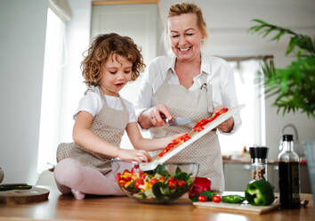 Porträt eines kleinen Mädchens mit Großmutter in einer Küche zu Hause, die einen Gemüsesalat zubereitet. - HPIF20554