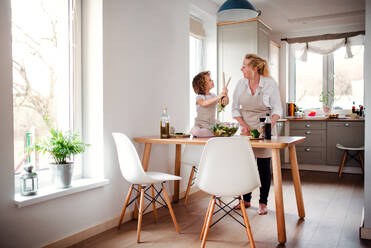 A portrait of small girl with grandmother in a kitchen at home, preparing vegetable salad. - HPIF20557