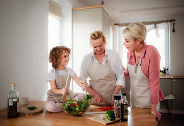 Porträt eines kleinen Mädchens mit Mutter und Großmutter zu Hause, die einen Gemüsesalat zubereiten. - HPIF20558