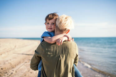 A rear view of young mother with small daughter walking outdoors on beach. - HPIF20652