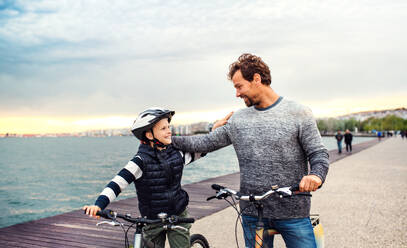 Vater und kleiner Sohn mit Fahrrädern im Freien am Strand stehend, im Gespräch. - HPIF20706