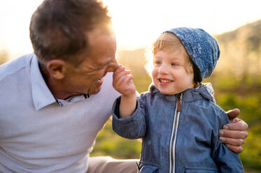 Senior grandfather with toddler grandson standing in nature in spring, having fun. - HPIF20734