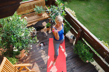 A top view of senior woman outdoors on a terrace in summer, doing exercise with dumbbells. - HPIF20747