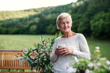 Eine ältere Frau mit Kaffee auf einer Sommerterrasse im Freien. - HPIF20767