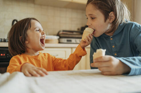 Glücklicher Junge füttert seinen Bruder zu Hause mit Eiscreme - ANAF01484