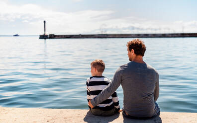 Rückansicht eines Vaters mit seinem kleinen Sohn, der in einer Stadt am Meer im Freien sitzt und sich unterhält. - HPIF20828