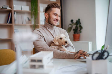 Ein junger Geschäftsmann mit Hund sitzt am Schreibtisch in einem Büro und benutzt einen Computer. - HPIF20947