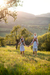 Vorderansicht einer Familie mit zwei kleinen Kindern, die bei Sonnenuntergang auf einer Wiese spazieren gehen, Huckepackfahrt. - HPIF21341