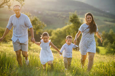 Glückliche junge Familie mit zwei kleinen Kindern, die bei Sonnenuntergang auf einer Wiese spazieren gehen. - HPIF21346