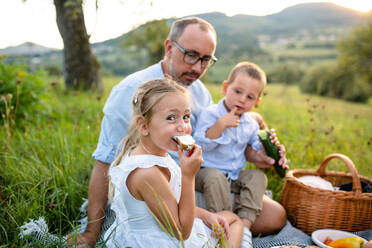 Alleinstehender Vater mit zwei kleinen Kindern auf einer Wiese im Freien beim Picknick. - HPIF21358