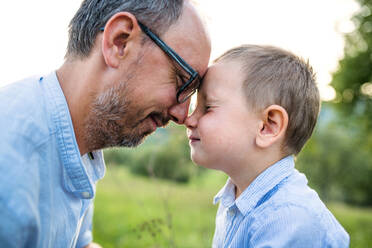 Seitenansicht eines Vaters mit seinem kleinen Sohn auf einer Wiese im Freien, der sich umarmt. - HPIF21361