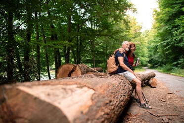 Senior tourist couple with backpacks in forest in nature, sitting on log. Copy space. - HPIF21385