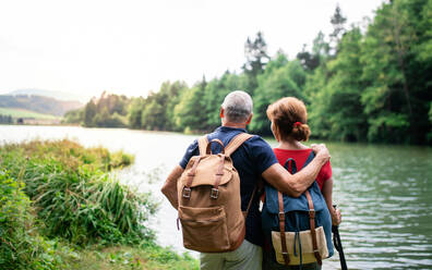 A rear view of senior tourist couple on a walk in nature, standing by lake. Copy space. - HPIF21389